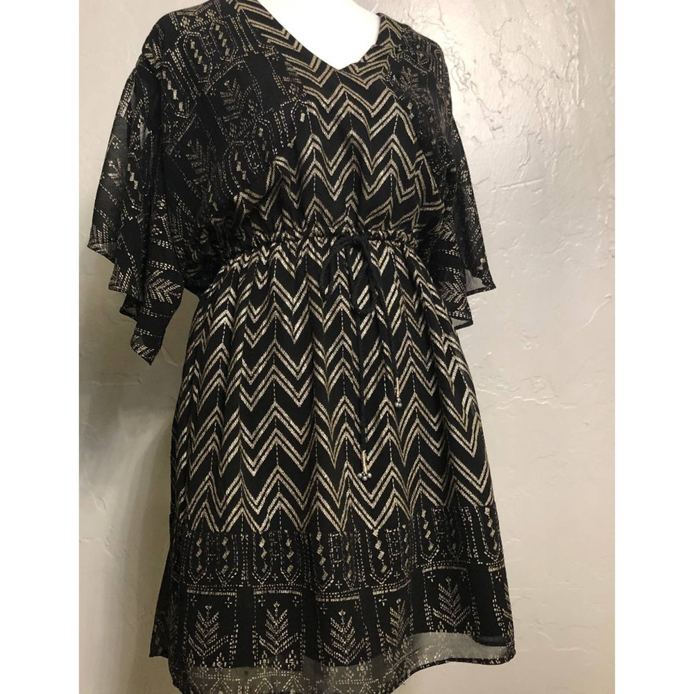 Free People Black and Gold Geometric Flutter Sleeve Dress